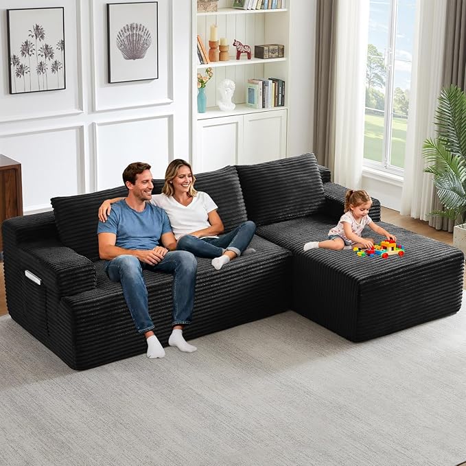 96.1" Modular Sectional Sofa Couches L-Shape Couch 3 Seat Modular Sofa Corduroy Memory Foam Sectional Boneless Couches for Living Room, Cloud Couch with Oversized Chaise(Black, Right Facing)