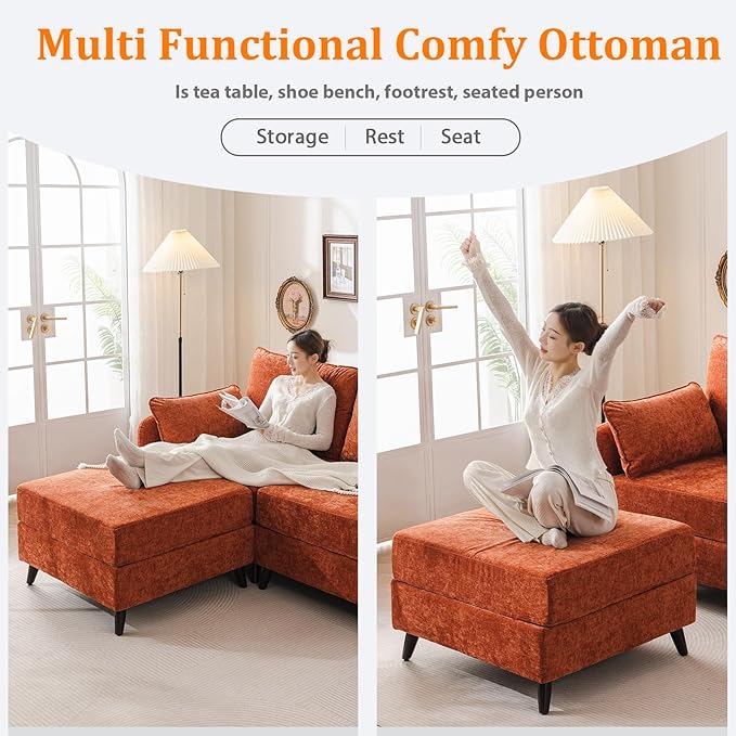 Rexulqo 104'' Modular Sectional Sofa with All Seats Storage, Oversized Sleeper Sofa Bed for Living Room,3-Seater Comfy Cloud Couches with Movable Ottoman,Big Sectional for Bedroom,Velet,Orange