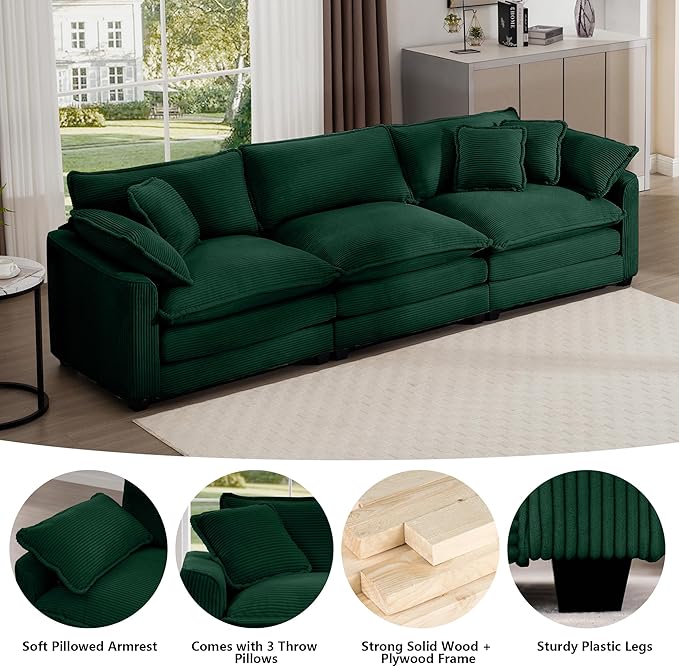 Aoowow Corduroy 3 Seater Sofa Couch,Modern Large Cloud Couches for Living Room,Modular Sectional Cloud Sofas with Deep Seat,Oversized Tufted 3 Seat Sofa Set. (Green, 3 Seater)