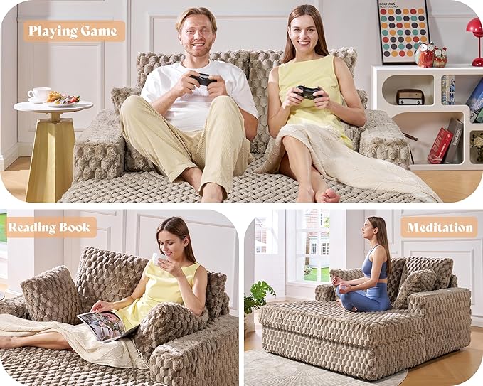 Jocisland 58 Inch Oversized Chaise Lounge, Upholstered Sofa Bed with Throw Pillows and Armrests, Sleeper Chair- Comfy Chair Bed for Living Room, Brown