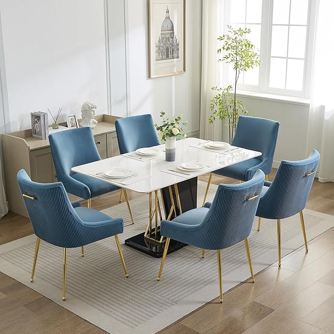 WUTUTUEE Velvet Dining Chairs Set of 2 Gold Legs,Upholstered Velvet Accent Chairs, Pleated Back Design & Gold Pull Handle, Mid Century Modern Chairs for Dining/Kitchen/Living Room,Light Blue