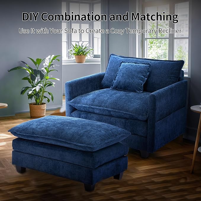 SweetGO corporation 40" Chenille Lounge Chair for Reading, Modern Couch Cozy Sofa Bed, Upholstered Living Room Single Sofa Accent Chair with Ottoman Set of 2, Blue