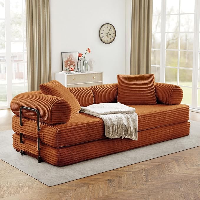 Modular Couch Bed, Convertible Folding Plush Corduroy Comfy Floor Memory Foam Compression Loveseat Sleeper Sofa Couch, King Size Bed for Guest Room Living Room Bedroom, No Assembly Required, Orange
