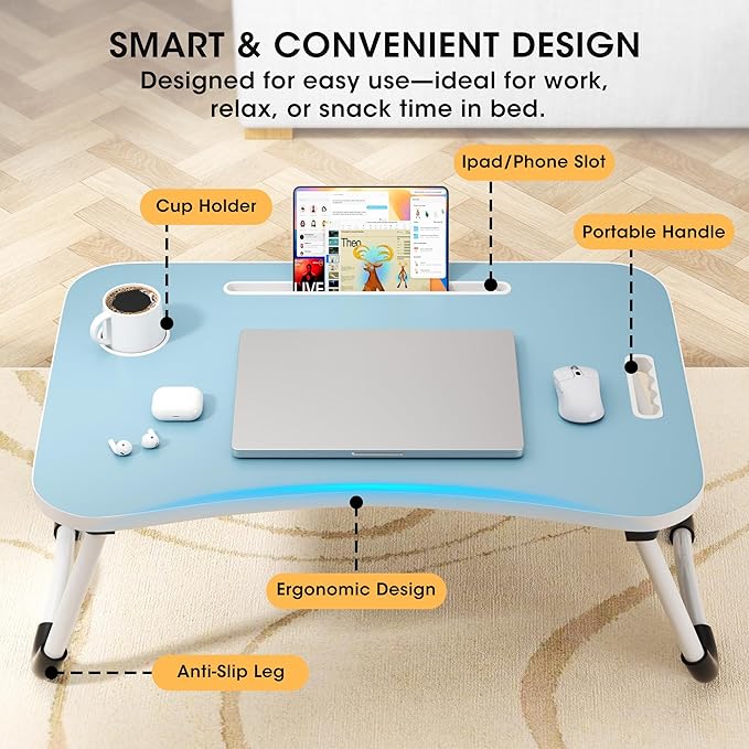 Folding Lap Desk, 23.6 Inch Wood Laptop Bed Desk with Cup Holder, Portable Bed Table for Working Writing Reading & Eating for Bed, Sofa, Couch, Floor - Blue