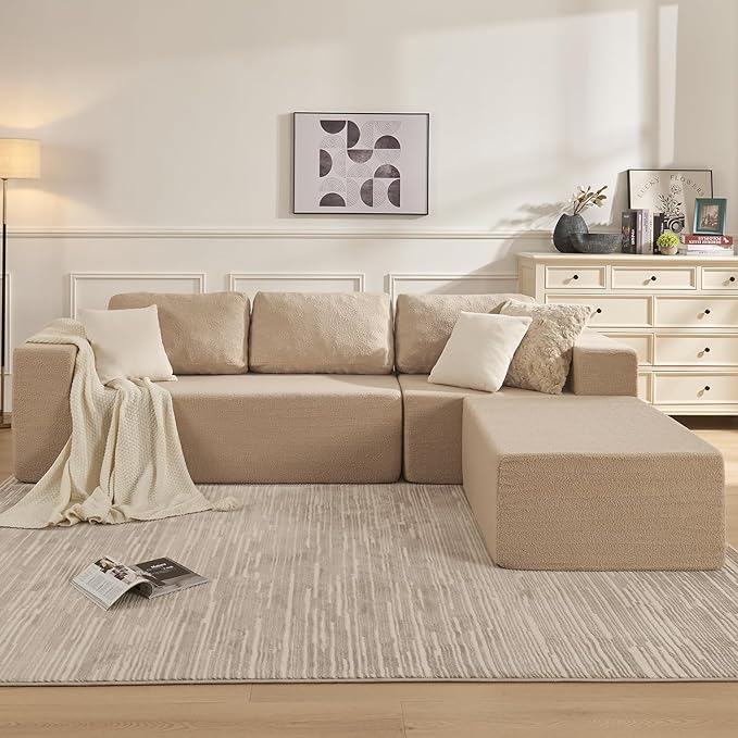 Furnify 106" Modular Sectional Couch Left/Right Facing Convertible, L-Shape Modern Teddy Sofa, Deep Seat Upholstered Foam Couch for Living Room Bedroom, No Assembly Required (Camel, Teddy Boucle)