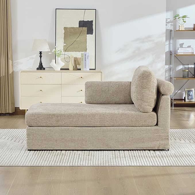 KEIKI 60" Chaise Lounge Chair Indoor, Modern Deep Seat Sofa Bed, Corduroy Couch with Cushions, Single Sleeper Chair for Living Room, Bedroom, Apartments, Taupe (Left Side)