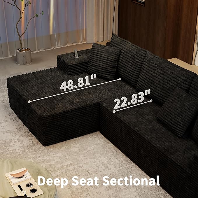 Cibert 104.3" Modular Sectional Sofa with Ottoman, Black Boneless Couch Left Facing Chaise U Shaped Couches with USB Ports, 2 Cup Holders, 2 Storage Bags & Lint Remover, No Assembly Sectional Couch