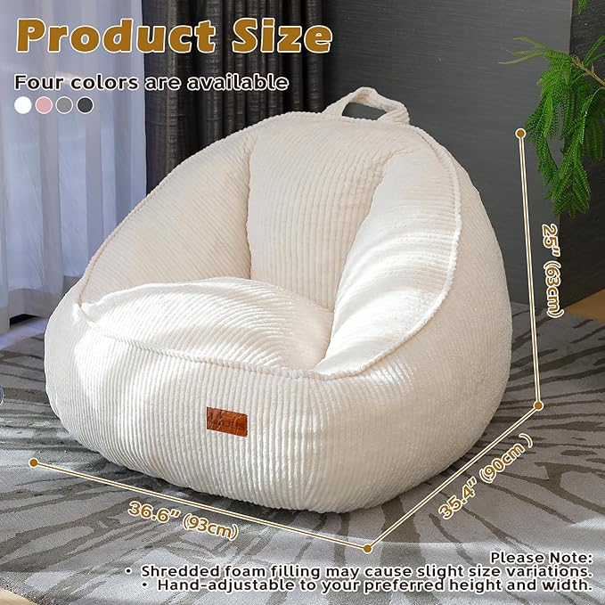 Bean Bag Chair, Cozy Fluffy Beanbag Chairs with Filler for Teens and Kids, Floor Lazy Sofa for Living Room, Gaming & Reading（M-White）