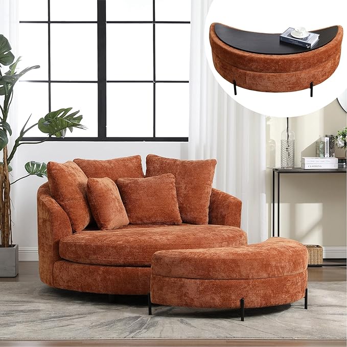 Chifee & Vingol 59.8" W Oversized Accent Barrel Chair Large Round Chair with Ottoman & Movable Wheels,Orange