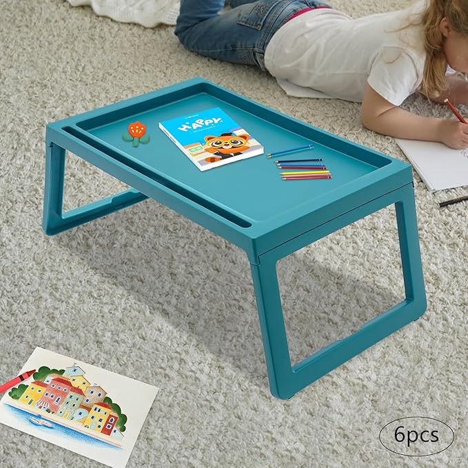 6PC Bed Tray Table with Folding Legs, Plastic Small Breakfast in Bed Tray Laptop Table Foldable Lap Desks for Eating on Sofa Laptops Sleepover Slumber Party Kids Adult (Blue)
