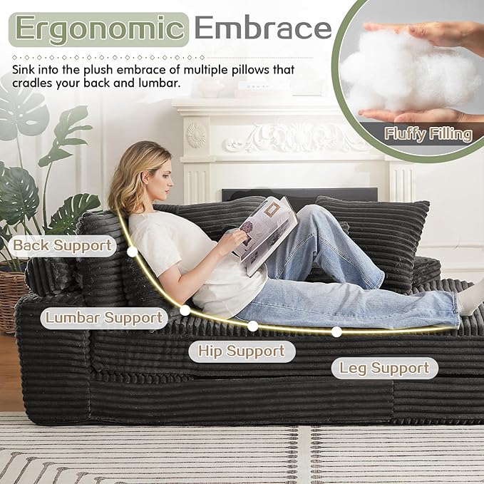 Antetek Chaise Lounge Chair Indoor, Convertible Folding Futon Sofa Bed w/ 5 Pillows, Fluffy Corduroy Boneless Compressed Memory Foam Couch for Living Room, Bedroom (Black, Right Half)