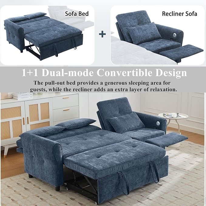 Gagawin 2 in 1 Convertible Sofa Bed with Reversible Recliner, Chenille 3-Seater Couch Sleeper with Pull Out Bed & Adjustable Backrest & Dual USB Charging Ports for Living Room, Blue