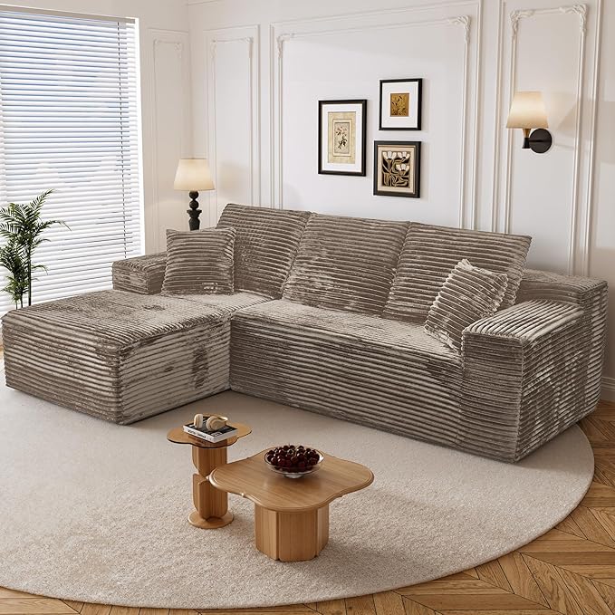 108" Boneless Cloud Sectional Couches for Living Room, Comfy Fluffy L Shaped Memory Foam Deep Seat Boneless Couch, Modular Sectional Sofa with Left Facing Chaise, Brown