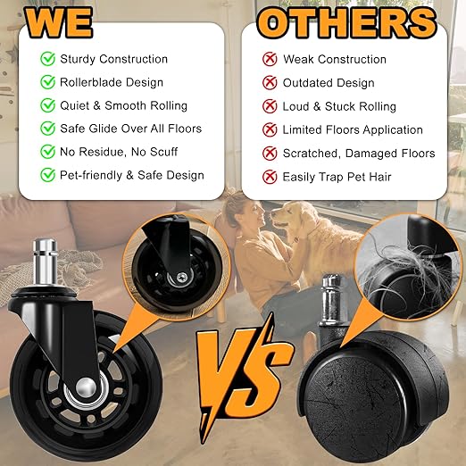 FreekyFit Office Chair Wheels for Casters Replacement - 3" Rubber Wheels for Computer Gaming Desk Caster Smooth & Safe Rolling for All Floors Including Hardwood and Carpet - Set of 5 - Black