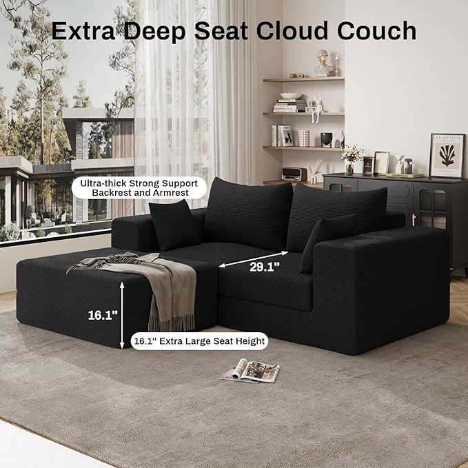 DAMAIFROM 80" Convertible Sleeper Sofa Bed with Soft Pillow, Corduroy Folding Mattress Couch with L-Shape Chaise, Modular Floor Sofa Lounge Couch for Living Room Bedroom Lounge (Black)