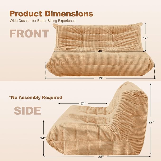 Bean Bag Chair,Giant Beanbag Chairs for Adults,Comfy Large Fireside Chair Lazy Sofa,Corduroy Bean Bag Lounger with Memory Foam Filled,Floor Sofa Couch for Home,Living Room (Khaki, Loveseat)
