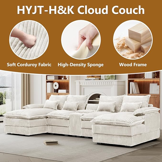 HYJT-H&K 124" U Shaped Cloud Couch Sectional, Comfy Plush Fluffy Corduroy White Sectional Couches for Living Room, Modern Modular Corduroy Couch Sectionals with Central Console & Double Chaise