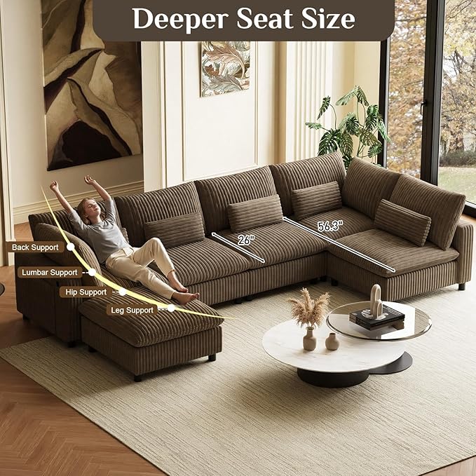 130" W x 67" D U Shape Sectional Sofa with USB Charging & Cup Holder & Storage, 6 Seater Plush Corduroy Couches with Movable Ottoman, Cloud Couch Sofas for Living Room, DIY Combination - Camel