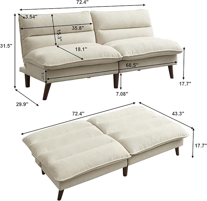 Convertible Futon Sofa Bed, 72" Futon Couch with Adjustable Back, Upholstered Sleeper Sofa Bed for Living Room, Apartment, Small Space, Beige