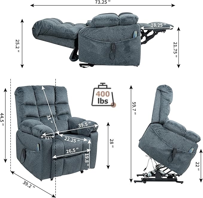 Lift Recliner Chairs with Heat and Massage for Elderly, Zero Gravity, Big Man Recliners 400lbs, Triple Motor, Power Lift Recliner Chair with Storage Cup Holders for Adults, Sleeping, Blue