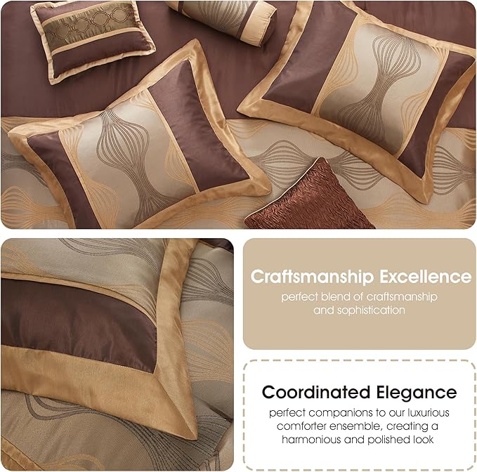 Grand Avenue Elegant Brown Comforter Set King Size, Striped,15 Piece Room-in-A-Bag, Jacquard Bedding Set, All Season, Matching Decorative Pillows, Pillow Sham, Curtains