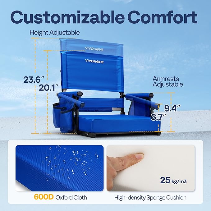VIVOHOME Height Adjustable High Back Stadium Seat with Back Support and Cushion, Portable Bleacher Chair with Cup Holder and Shoulder Strap, Blue