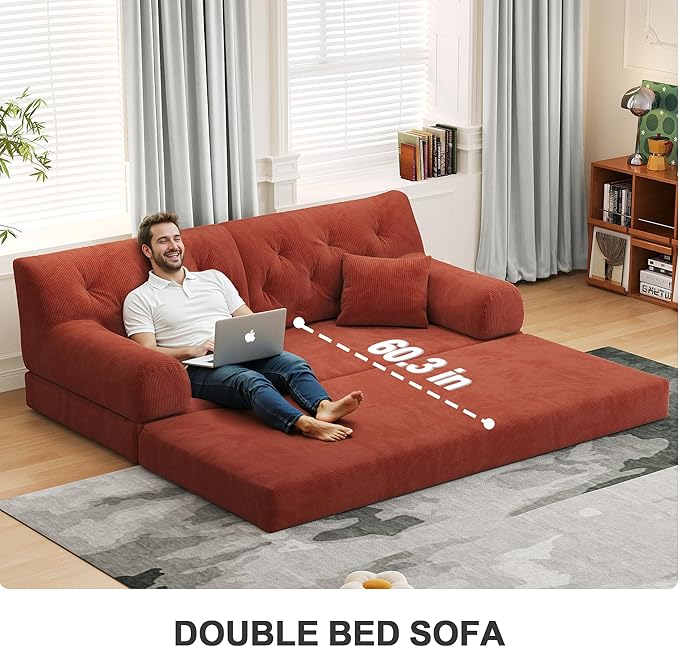 Carzzi-Life 79" Convertible Sofa Bed with Pillows, Corduroy Folding Sleeper Sofa with Fixed-Shape Frame, Boneless Couch for Living Room Bedroom, Floor Sofa Lounge No Assembly Required (Orange)