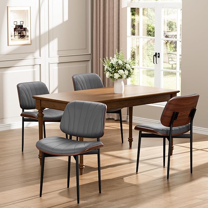 YaFiti Dining Chairs Set of 2, Dining Room and Kitchen Chairs, Mid Century Modern Accent Chair, Upholstered PU Leather Chairs for Vanity with Walnut Bentwood and Metal Legs, Gray