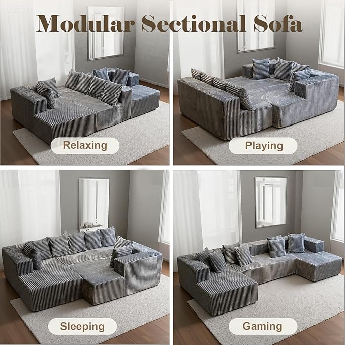 130'' U Shaped Couched for Living Room, Cloud Modular Sectional Couch with 2 Chaise Lounge, Modern Minimalist Upholstered Sofa Sleeper Deep Seat Corner Couch, No Assembly Required Grey