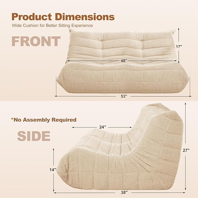 Bean Bag Loveseat Chair Big Sofa Beanbag Chair for Adults Fireside Chair Bean Bag Lounger with Memory Foam Filled for Home,Apartment or Gaming Venue（Khaki Teddy）