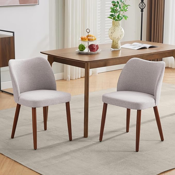 ElfinAura Dining Chair Set of 4, Linen Upholstered Dining Chair with Wood Legs, Wing Backrest, Wooden Kitchen Chair, Kitchen Chairs with Thick Cushions for Dining Room, Living Room, Light Grey