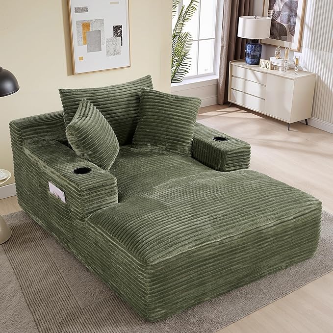 50"W x 68"D Oversized Chaise Lounge Chair Indoor Boneless Reading Chair Plush Corduroy Recliner with Cup Holders Large Deep Seat Comfy Sofa Bed Couch with 3 Pillows for Living Room Bedroom, Green