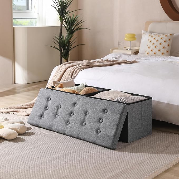 PRANDOM Jumbo Ottoman with Storage [1-Pack] Linen Folding Small Square Foot Stool with Lid for Living Room Bedroom Coffee Table Dorm Grey 43x15x15 inches