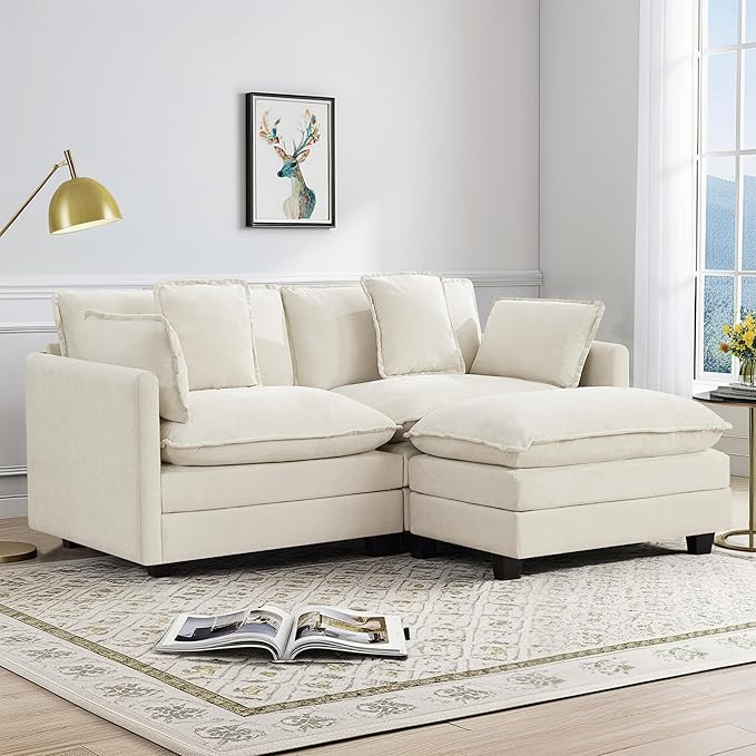 UMBFUN Cloud Couch Loveseat with Ottoman, Oversized Comfy Modular Sectional L Shaped Sofa with Deep Seat Cushions, Chenille 2-Seater Lounge Set for Living Room, Beige