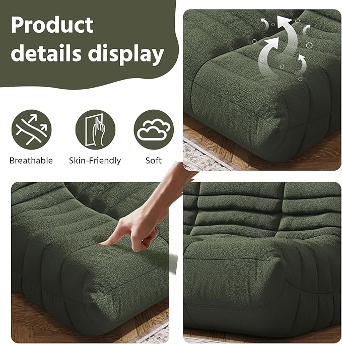Bean Bag Chair, Fireside Chair, Large Bean Bag Chair for Adults, Bean Bag Chairs for Teens with High-Resilience Foam, Non-Slip Base Floor Lounge Sofa,Living Room (Green, 3-Seater)