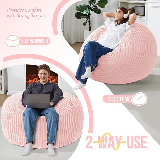 Homguava 3 FT Bean Bag Chair,3' Big Bean Bag,Large Bean Bag Chairs for Adults with Memory Foam Filled,Comfy Beanbag Chairs Soft Bean Bag Sofa with Dutch Corded Plush Cover-Soft Pink