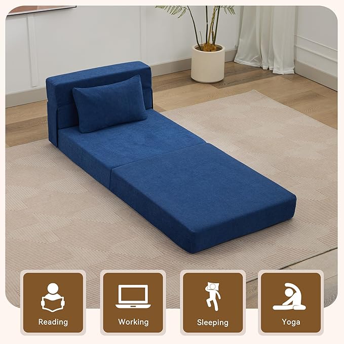 Folding Sofa Bed Convertible Floor Couch Foldable Chair Bed with Pillow，Linen Sleeper Chair Futon,Foldable Memory Foam Mattress for Bedroom/Living Room/Dorm/Office (Navy, Single)