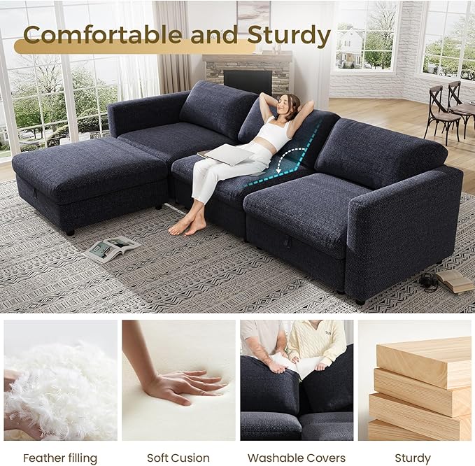 KKL Oversize Modular Sectional Sofa Couches for Living Room, 113" L Shaped Sofa with Adjustable Backrest, Couch Down Filled Sectional Sofa with Storage Ottoman Chenille, Blue