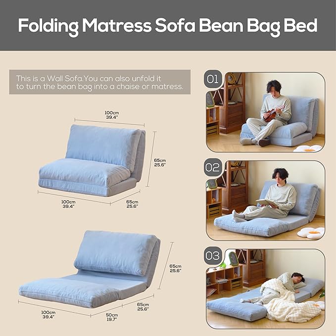 N&V Folding Matress Sofa Bean Bag Bed, Foam Filling Folding Matress Sofa, Includes Removable and Machine Washable Cover, Soft Premium Faux Fur (Small, Grey)