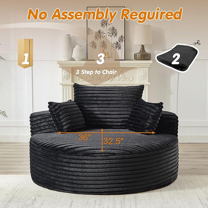 55"W Oversized Round Chair Lounge Chaise Indoor, Upholstered Comfy Circle Sofa Armchair, Modern Cozy Boneless Foam Floor Reading Chair for Living Room, Bedroom, No Assembly Required(Corduroy, Black)