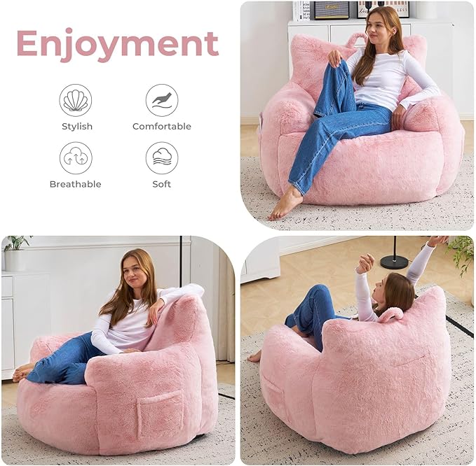 Giant Bean Bag Chair for Adults, Oversized Bean Bag with Filling Plush Fluffy,BeanBag Lazy Sofa Couch with Armrest for Living Room, Cat Shaped Beanbag Couch with Sidepocket for Bedroom,Pink