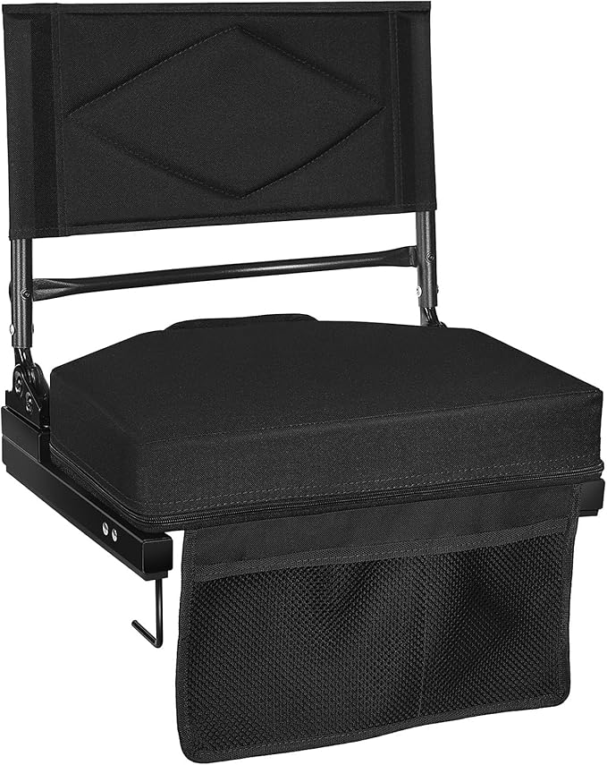 behairity Adjustable Stadium Seats with Back Support – 4-Position Reclining Bleacher Chairs with Padded Cushion, Foldable Portable Stadium Chair with Front Pocket and Shoulder Strap (Black)