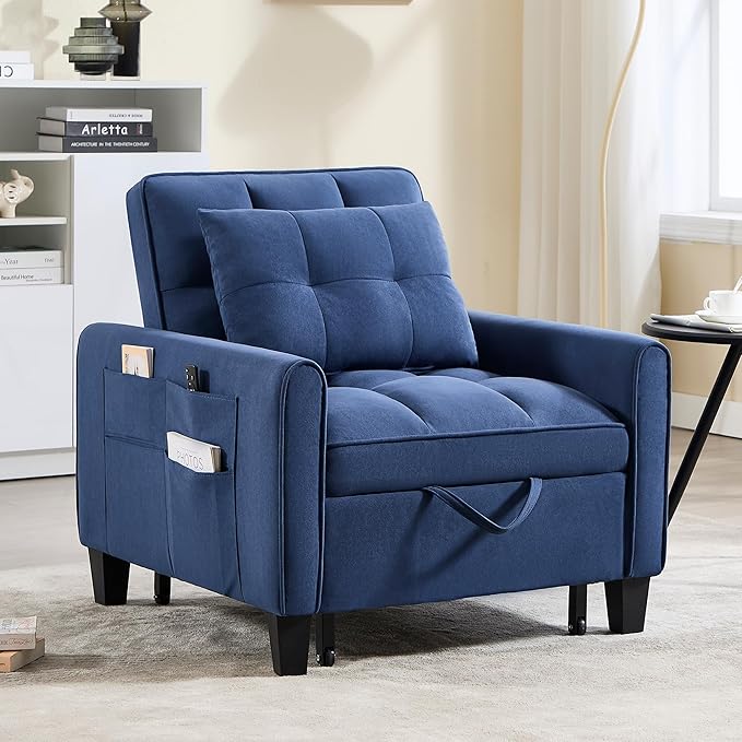 choairy Convertible Sleeper Chair, 3 in 1 Sleeper Chair Bed Pull Out Sofa Bed Chair, Single Sofa Bed Adjustable Backrest Chairs Bed Sleeper for Adults Reading Living Room, Bedroom, Velvet Blue