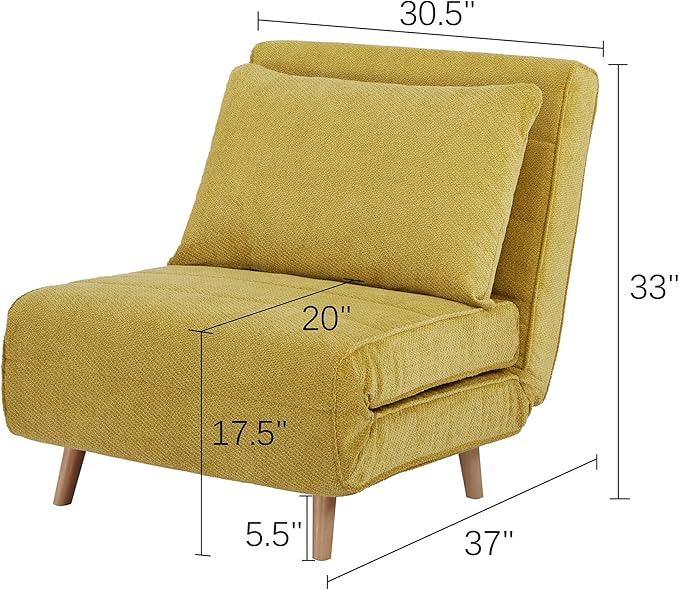 CITTANEO 31" Convertible Sleeper Chair, 3-in-1 Foldable Chair Bed with Pillow, 3-Position Adjustable Backrest, Single Sofa Bed for Apartment, Office, Mustard Yellow