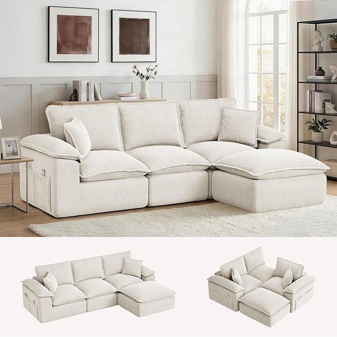 Korser 122" Sectional Couches for Living Room, Modular Boneless Sofa, Cloud Sofa, Fluffy Cushions, Double-Layer Cushioned, with Convertible Ottoman