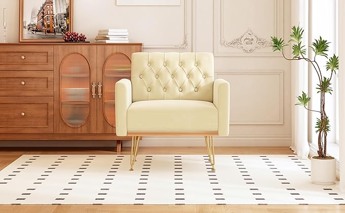 Accent Chair for Living Room, Comfy Oversized Velvet Upholstered Arm Chairs, Mid Century Modern Reading Single Sofa Side Chair with Tufted Back and Gold Legs for Bedroom (2, Beige)
