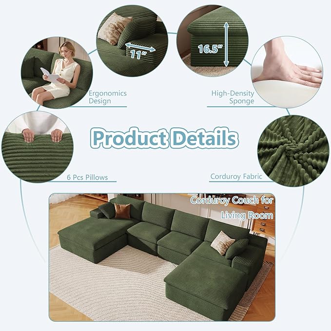 136" Cloud Sectional Couch with U-Shaped Chaise,Corduroy Viral Boneless Sofa with Ottoman,Memory Foam Couches in a Box with Deep Seat for Living Room,No Assembly Required (Green,Left-Facing Chaise)