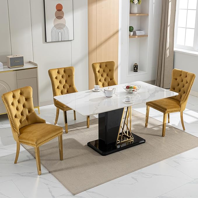 YeahFurn Mid Century Modern Dining Chairs Set of 8, Yellow Velvet Upholstered Tufted Back, Kitchen & Dining Room Chairs, Gold Metal Legs, Nailhead Trim, Sillas para Comedor (Yellow, 8 Pcs)