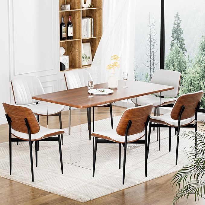 YaFiti Dining Chairs Set of 6, Dining Room and Kitchen Chairs, FSC Certified Mid Century Modern Accent Chair, Upholstered PU Leather Chairs for Vanity with Walnut Bentwood and Metal Legs, White