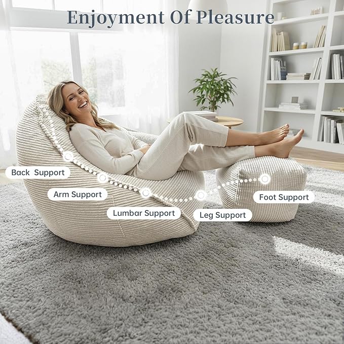 Ultra Soft Bean Bag Chair for Adults with Ottoman, Oversized Floor Sofa for Living Room, Gaming, Lounging, Napping (Off-White)